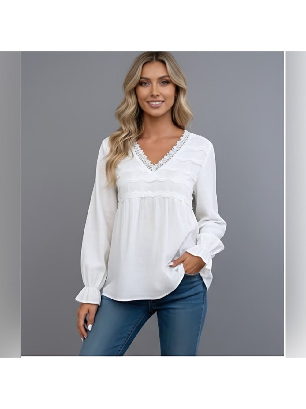 French Guipure Lace Trim Flare Sleeve Peplum Blouse